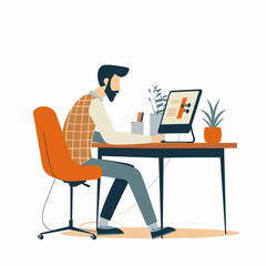 A man is sitting at a desk with a computer monitor and a potted plant. He is wearing a plaid shirt and gray pants. Concept of productivity and focus