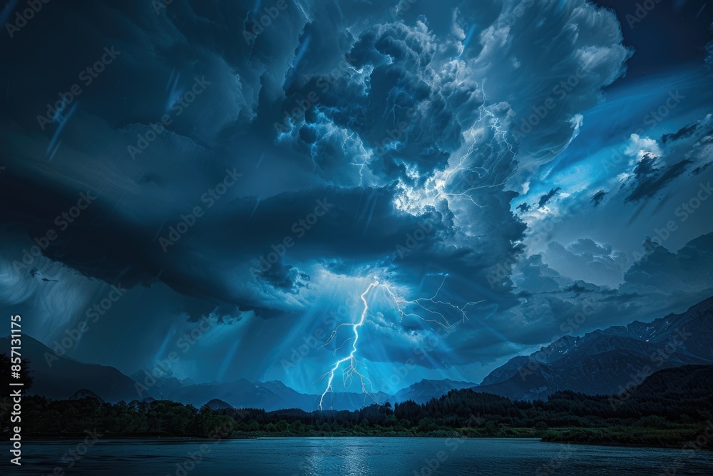 Poster a stormy weather scene with a lightning bolt striking through the clouds above a calm lake