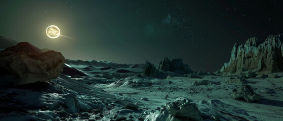 Under the ethereal glow of a full moon, a desolate lunar landscape showcases rocky terrains and...