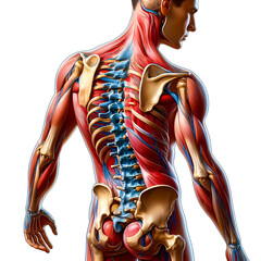 Vector anatomy illustration showing the skeletal structure and spinal cord of a human male on a white background.