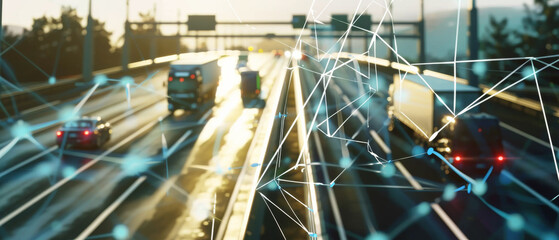 A busy highway at dusk with a web of illuminated digital connections, symbolizing the intersection of transportation and technology in modern infrastructure.