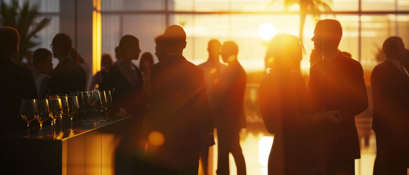 Silhouettes of people gather and converse at a sophisticated cocktail party during a captivating sunset, with elegant wine glasses catching the light.