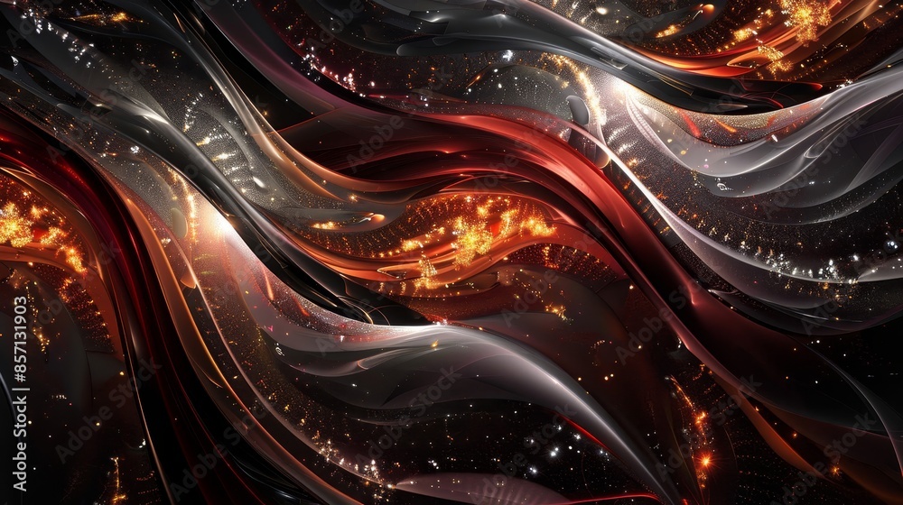 Poster gradient from maroon to black with fractal silver and gold patterns light particles. background