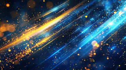 Fototapeta premium Diagonal streaks of neon blue and gold with light effects and sparkling particles. background