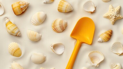 Colorful beach scene with various seashells and a yellow shovel laid on white sandy surface, creating a summer vacation vibe.