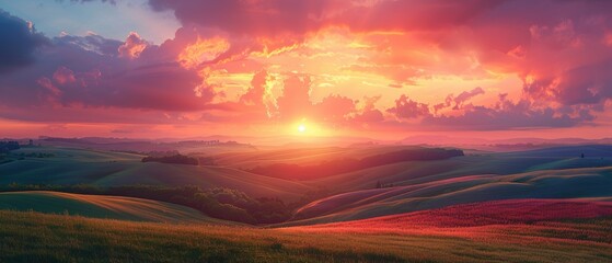 Sunset over rolling hills.