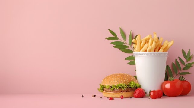 Delicious burger with fresh lettuce, ripe tomatoes, fries in a cup, and spices on a pink background. Perfect for fast food themed designs.