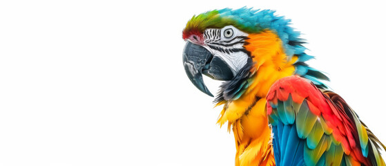 A vibrant, colorful parrot with striking red, blue, and green feathers stands against a white background, showcasing its lively plumage and keen gaze.