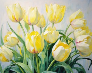 Yellow tulips oil painting, , spring color palette, traditional composition