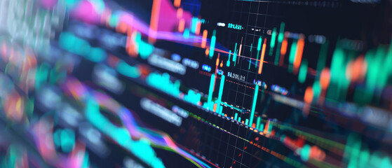 Naklejka premium A brightly animated financial chart with numerous colorful indicators displaying real-time data, symbolizing market trends.