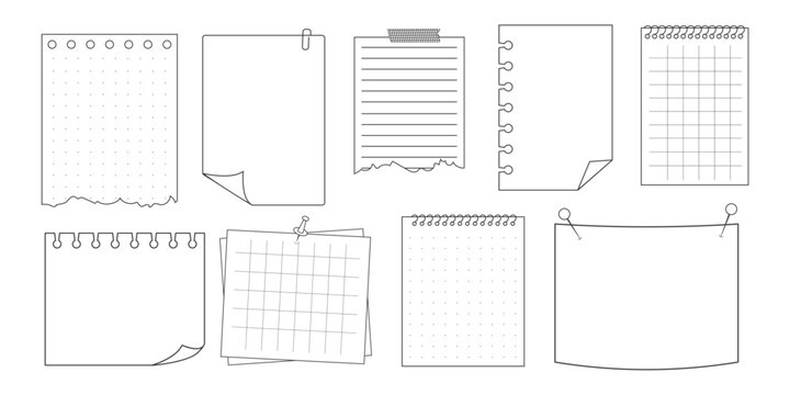 Memo sticky note reminder sheet paper. Doodle paper frame, check list with pin, tape, paperclip elements. Set cute notes, office or school messages.