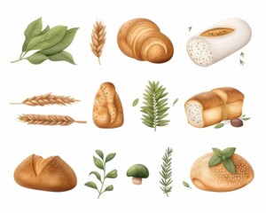 Collection of various bread types and herbs illustrations on a white background, including baguette, ciabatta, and fresh leaves.