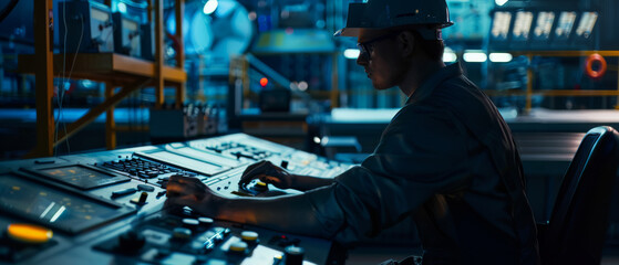 A focused technician in a hard hat operates complex machinery in a high-tech control room, surrounded by glowing screens and controls.