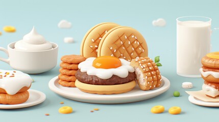 Delicious breakfast assortment with pancakes, eggs, waffles, milk, and whipped cream. Ideal for food and culinary visuals.