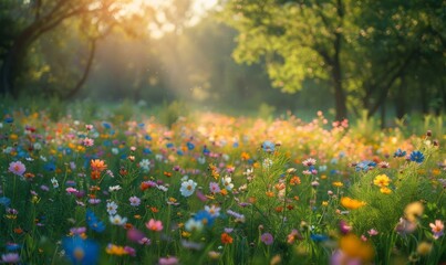 Sunlit meadow with flowers