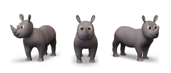 Realistic rhinoceros in different poses. Large gray wild animal with one horn