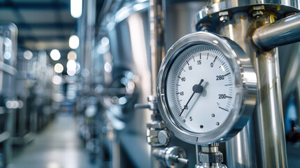A close-up shot of a silver temperature sensor attached to a network of pipes in an industrial setting