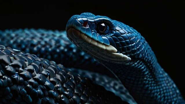 Blue snake looking at prey with black background