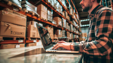 A warehouse worker in a busy warehouse uses a laptop to manage inventory. The warehouse is filled with boxes stacked on shelves, creating a maze of goods