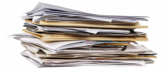 A chaotic stack of various papers and documents piled high, representing disorganization, busy office life, and an overwhelming amount of paperwork.