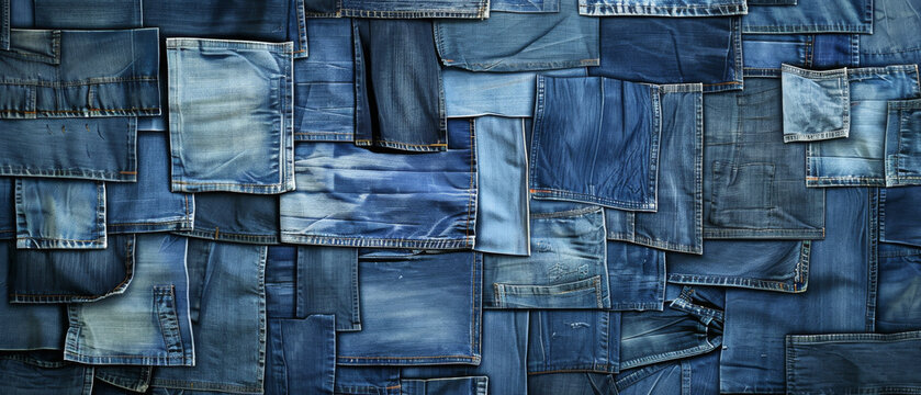 A patchwork of various denim pieces creates a textured, deep-blue canvas, offering a blend of styles and shades that tell a story of repurposing and creativity.