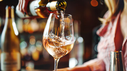 Obraz premium A woman pours a glass of white wine in a dimly lit bar