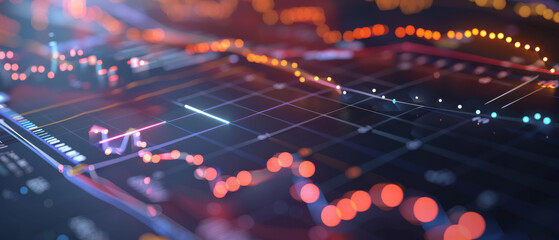 Close-up of a digital stock market graph, with dynamic light trails and vivid colors representing financial trends and data analysis.