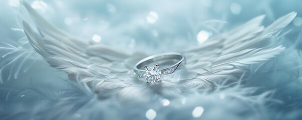 elegant diamond ring placed on white feather wings of angel, symbol of pure love, jewelry wedding concept, heaven soft blue color theme, engagement or marriage wallpaper, romantic banner design