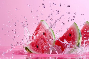 sliced watermelon in flight in splashes of water, on a pink background, food levitation