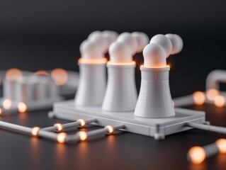 3D rendered image of nuclear power plant with glowing lights, representing energy production and futuristic infrastructure.