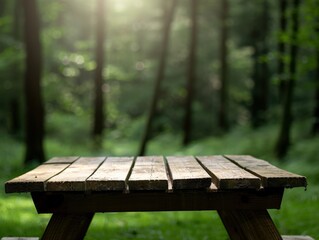 Close-up of a wooden picnic table in a serene forest setting with sunlight streaming through the trees.