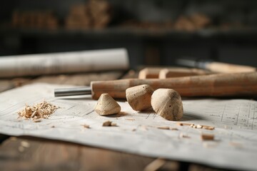 Close-up of woodworking tools and wooden pieces on a workbench with wood shavings and design plans in the background.