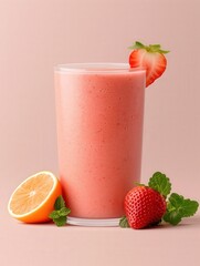 Refreshing strawberry and orange smoothie in a glass with fresh fruit garnish, perfect for a healthy breakfast or snack.