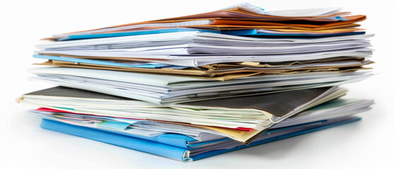 Piles of colorful folders and assorted documents stacked on top of each other, creating a vibrant display of organized chaos.