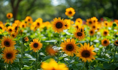 Obraz premium Garden with blooming sunflowers