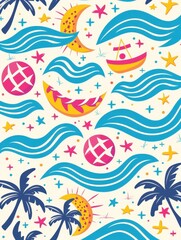 Colorful summer beach pattern featuring waves, moons, stars, boats, palm trees, and beach balls on a light background.