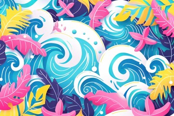 Fototapeta premium Colorful, abstract, tropical-themed illustration with swirling ocean waves, vibrant leaves, and starfish in a whimsical design.