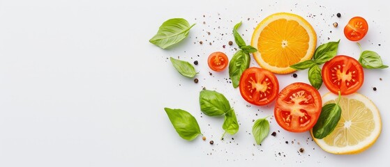 Naklejka premium Fresh basil leaves, sliced tomatoes, lemon, and orange on a white background, perfect for culinary and healthy lifestyle concepts.