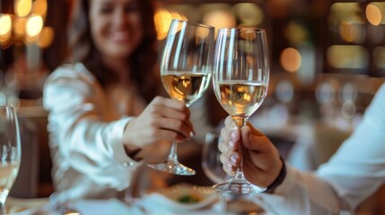A couple is toasting with wine glasses at a restaurant