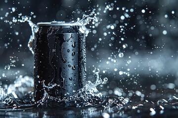 A close shot of a black soda can with a dark backdrop and water splashes and a big space for text or product advertisement purpose, Generative AI.