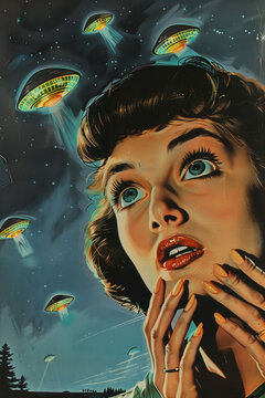 Retro 1960s flying saucer government propaganda poster with lady looking up at alien UFO invasion