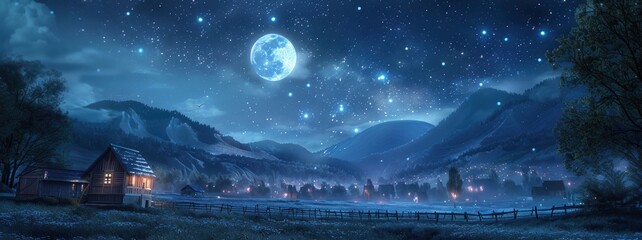 Night Sky Over Village With Full Moon.