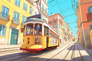 Yellow vintage tram on a street with colorful houses