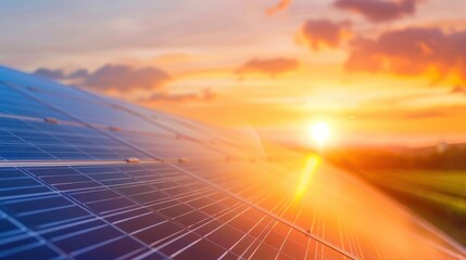 Solar panels in a field at sunset, capturing the golden hour with clean energy.