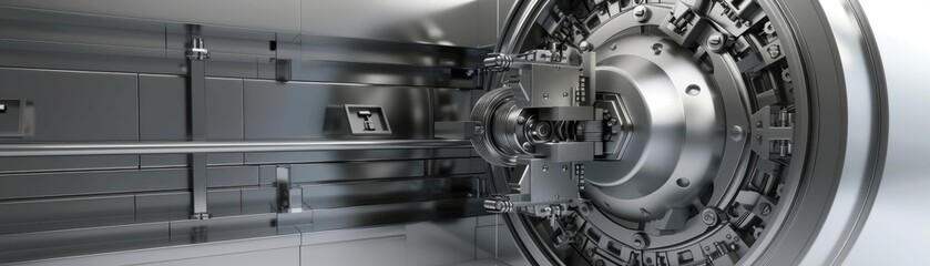Fototapeta premium A high-security vault door with intricate locking mechanisms, inside a modern bank, top view, showcasing advanced security features, futuristic tone, Monochromatic Color Scheme