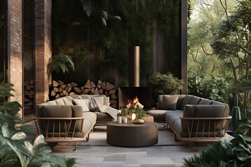 Fototapeta premium Elegant cozy garden furniture on terrace of suburban home