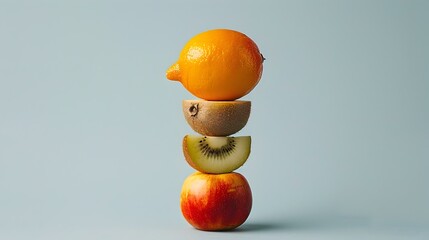 Stacked Assorted Fresh Fruits on Plain Colored Background