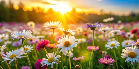 A peaceful meadow filled with colorful daisies under the warm sunlight , nature, beauty, flowers, meadow, field, daisies