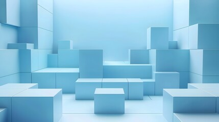 Minimalist Abstract 3D Geometric Cubic Shapes in Blue Tones as Architectural Background