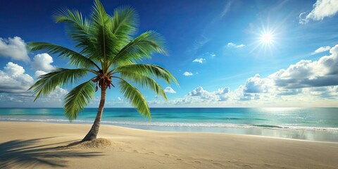 Midjourney render of a serene beach with a lone palm tree , tropical, paradise, travel, destination, relaxation, serene